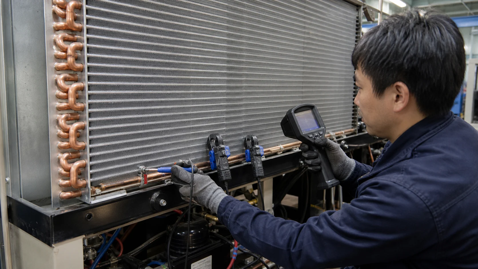 Asian technician recording evaporator coil temperatures with probes and an infrared camera