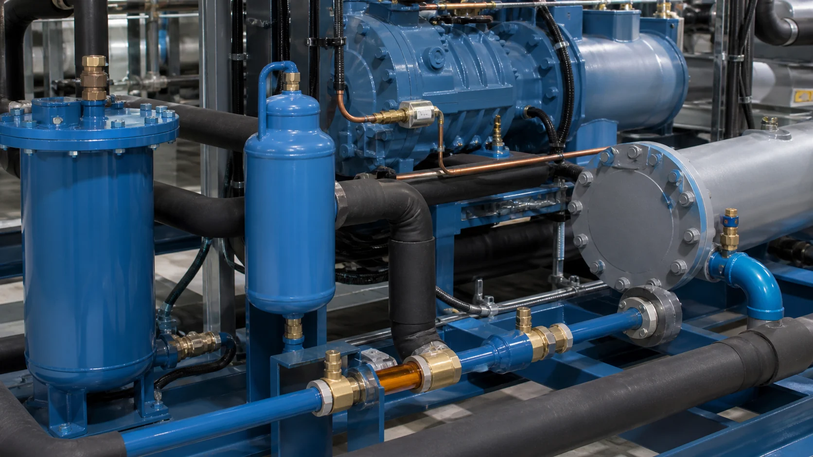 Oil separator and evaporator outlet return piping on a refrigeration skid