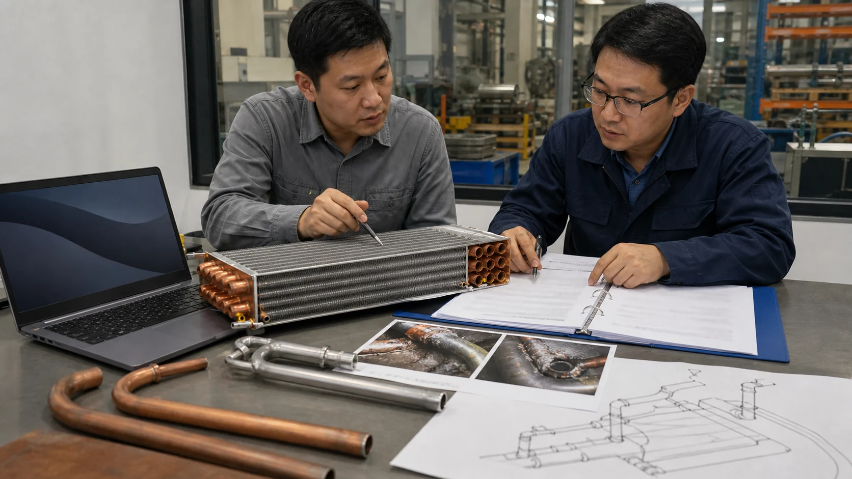 Procurement and mechanical engineers reviewing an evaporator coil sample and evidence package
