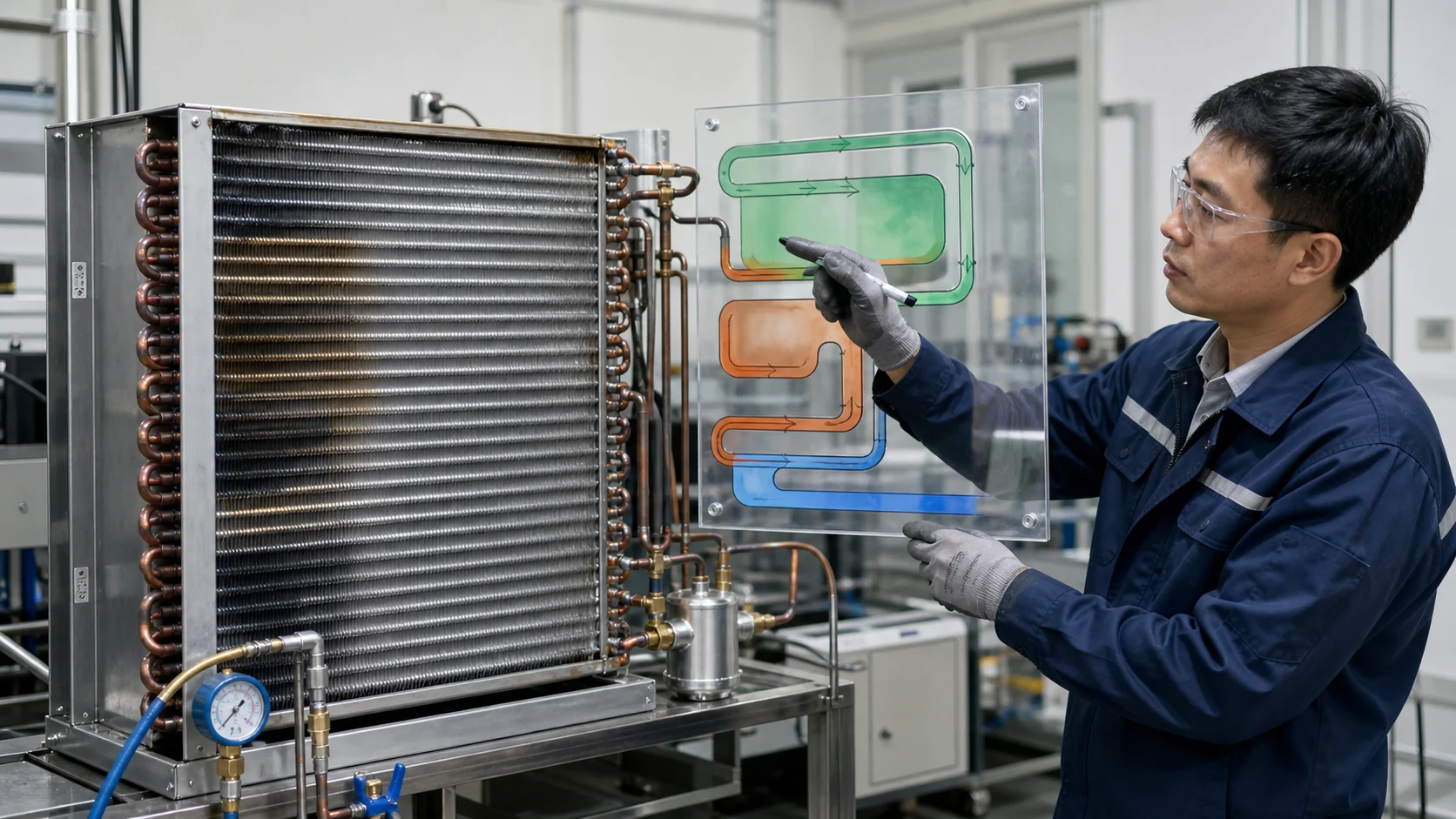 Asian refrigeration engineer mapping evaporator coil oil logging symptoms
