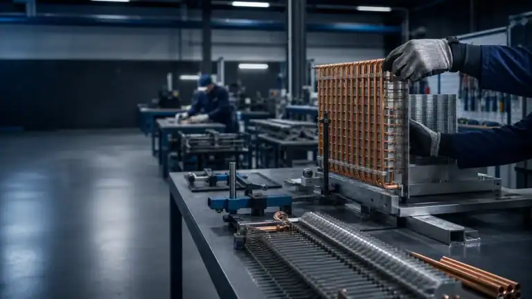 Technicians assembling refrigeration components in a modern factory.