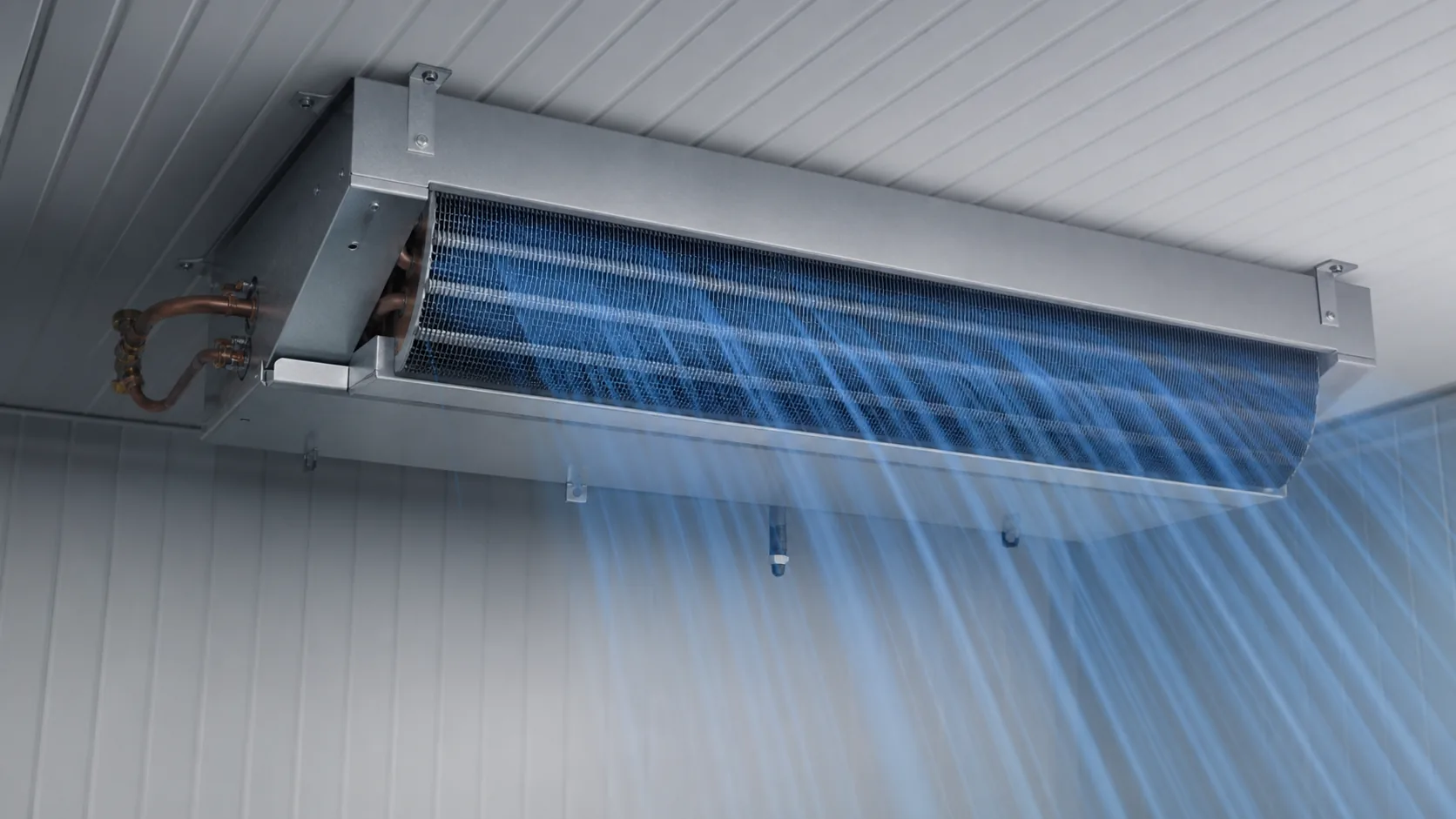 Even airflow passing through a ceiling-mounted freezer evaporator coil