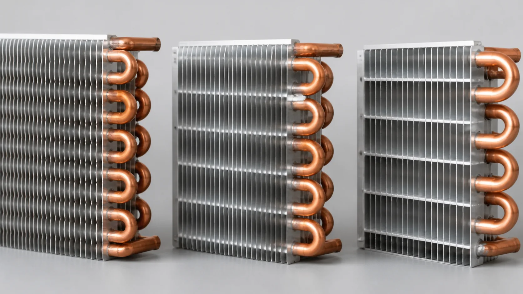Close-up comparison of tight, medium, and wide evaporator fin spacing