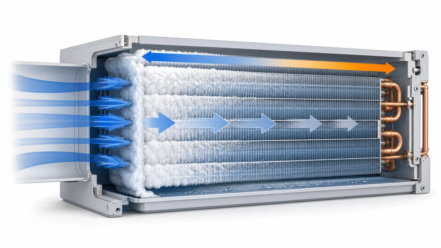 Airflow entering a finned evaporator with frost concentrated at the air inlet