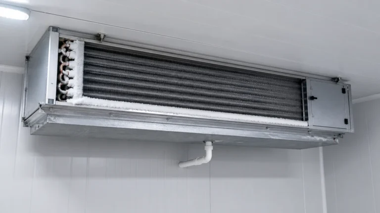 Commercial low-temperature unit cooler evaporator with frost beginning at the leading edge