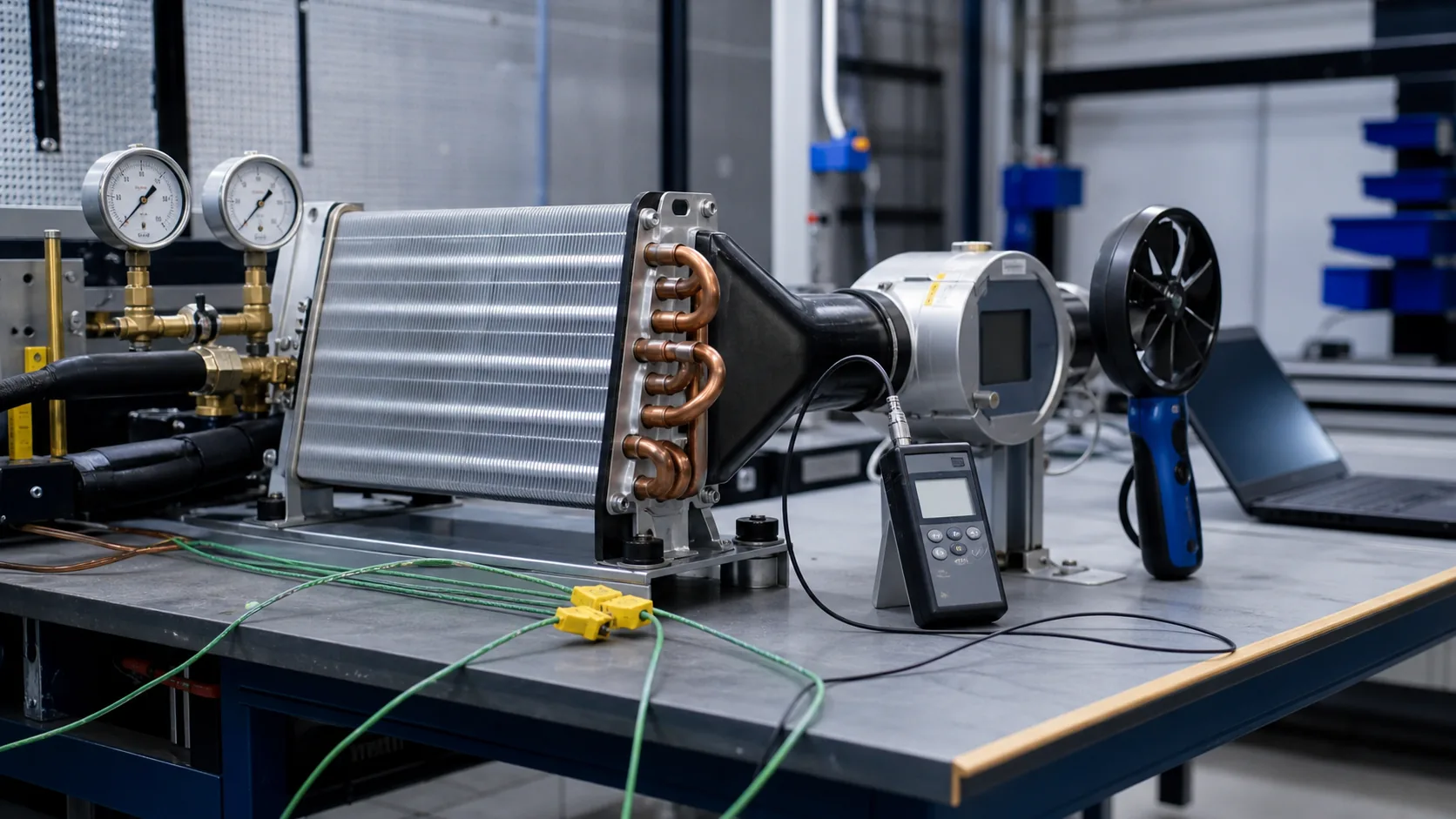 Prototype evaporator coil with pressure, temperature, and airflow test instruments