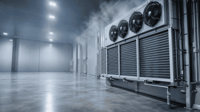 Industrial refrigeration units in a commercial cold storage facility.