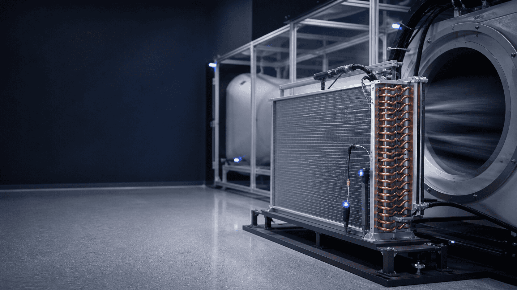 Industrial refrigeration unit with cooling coils and compressor system.