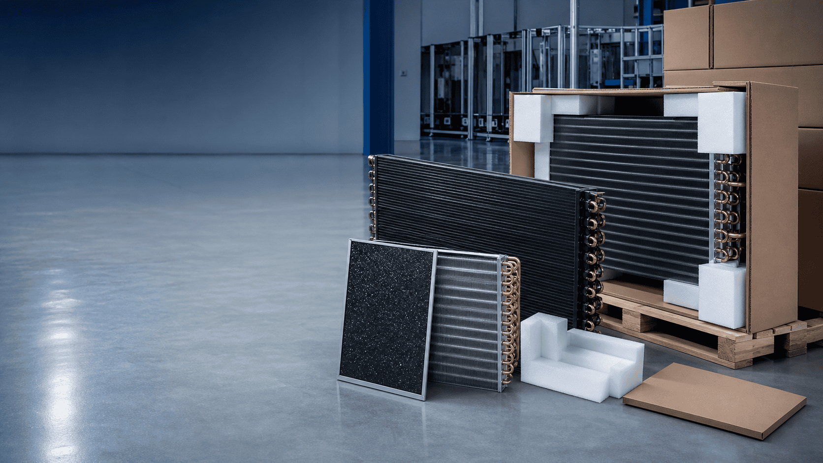 Refrigeration units and parts in a warehouse setting for commercial use.
