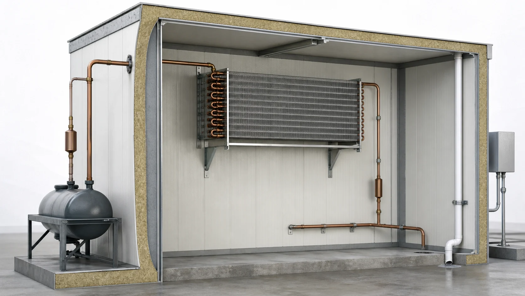 Simplified gravity-fed refrigerant loop with coil elevation, return path, and natural air space