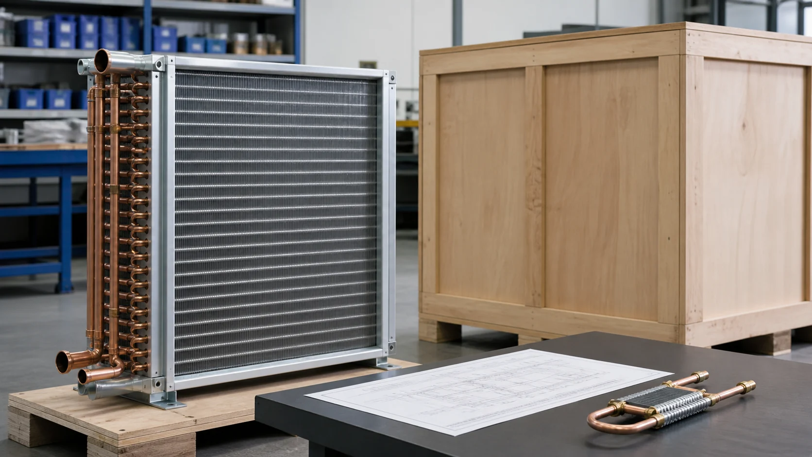 Finished gravity-coil assembly staged beside an approved drawing, sample connection, and packaging