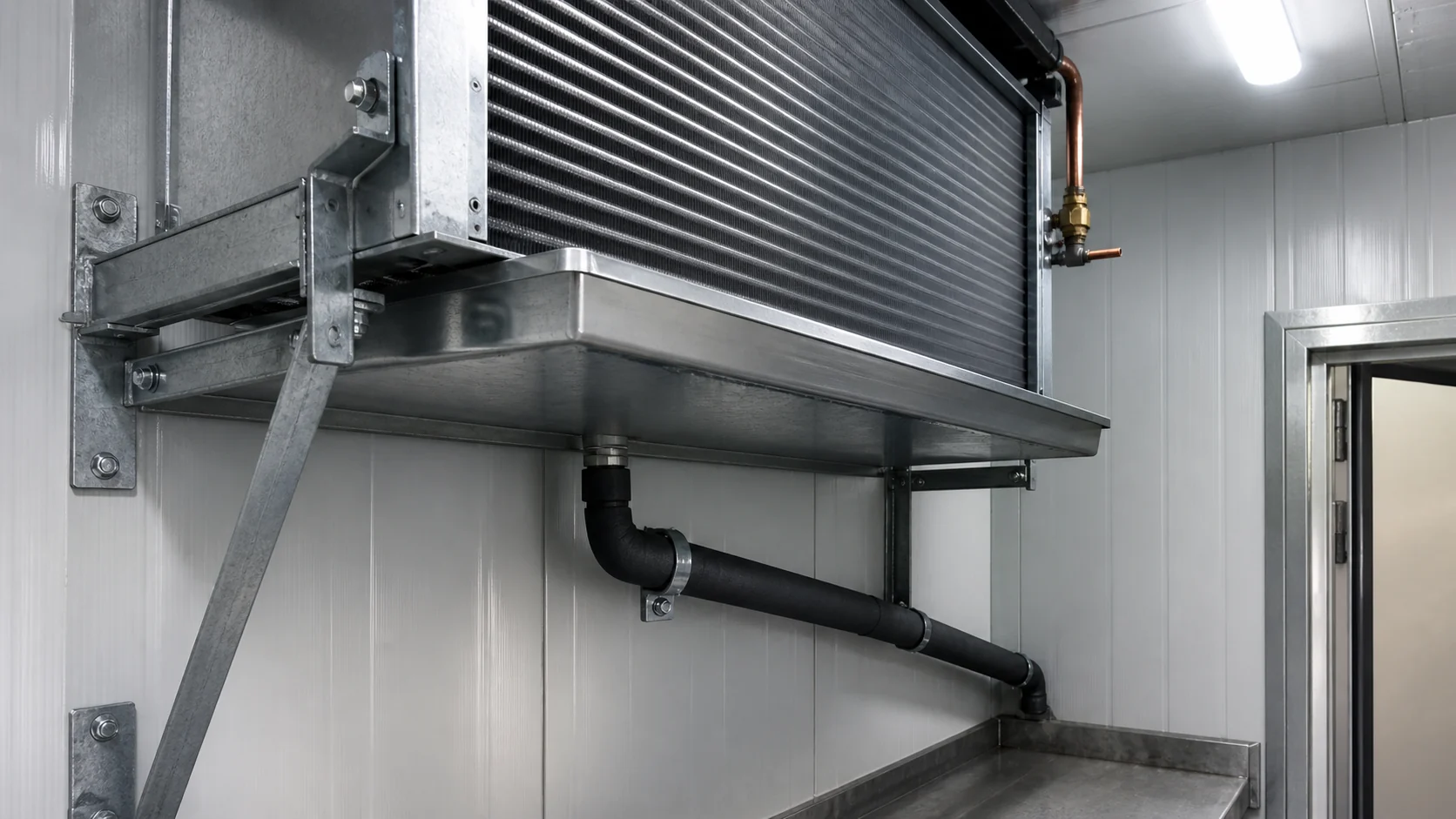 Gravity coil drain pan and insulated condensate line arranged for service and frost management