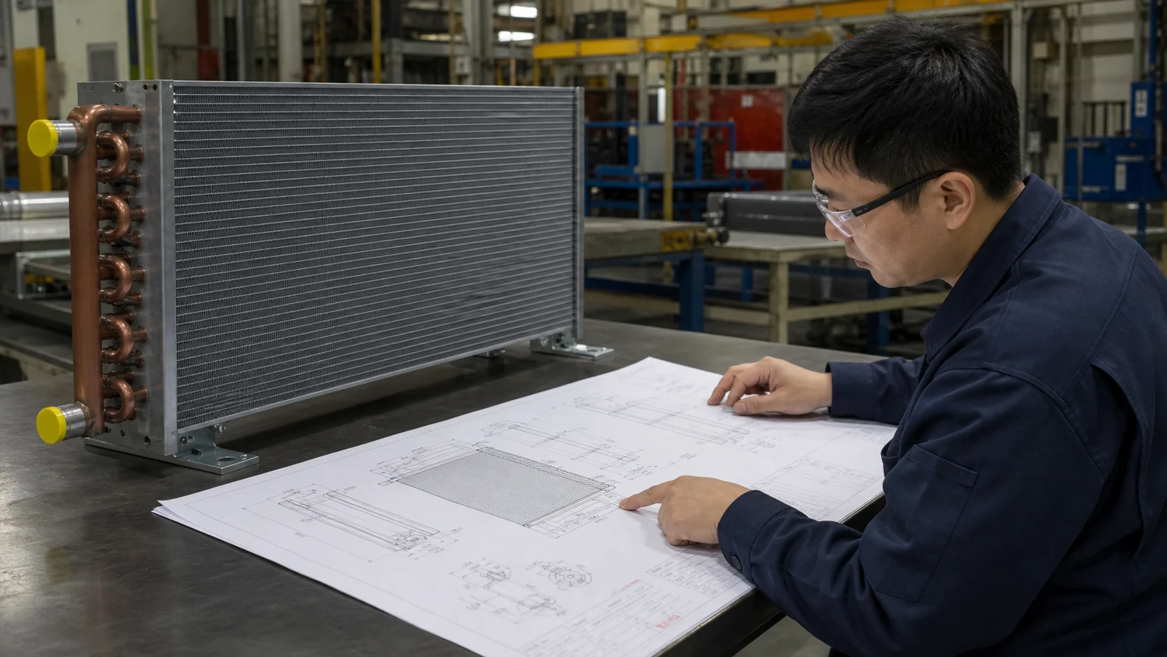 Engineer reviewing a gravity-coil drawing with mounting orientation, circuiting, and drain slope