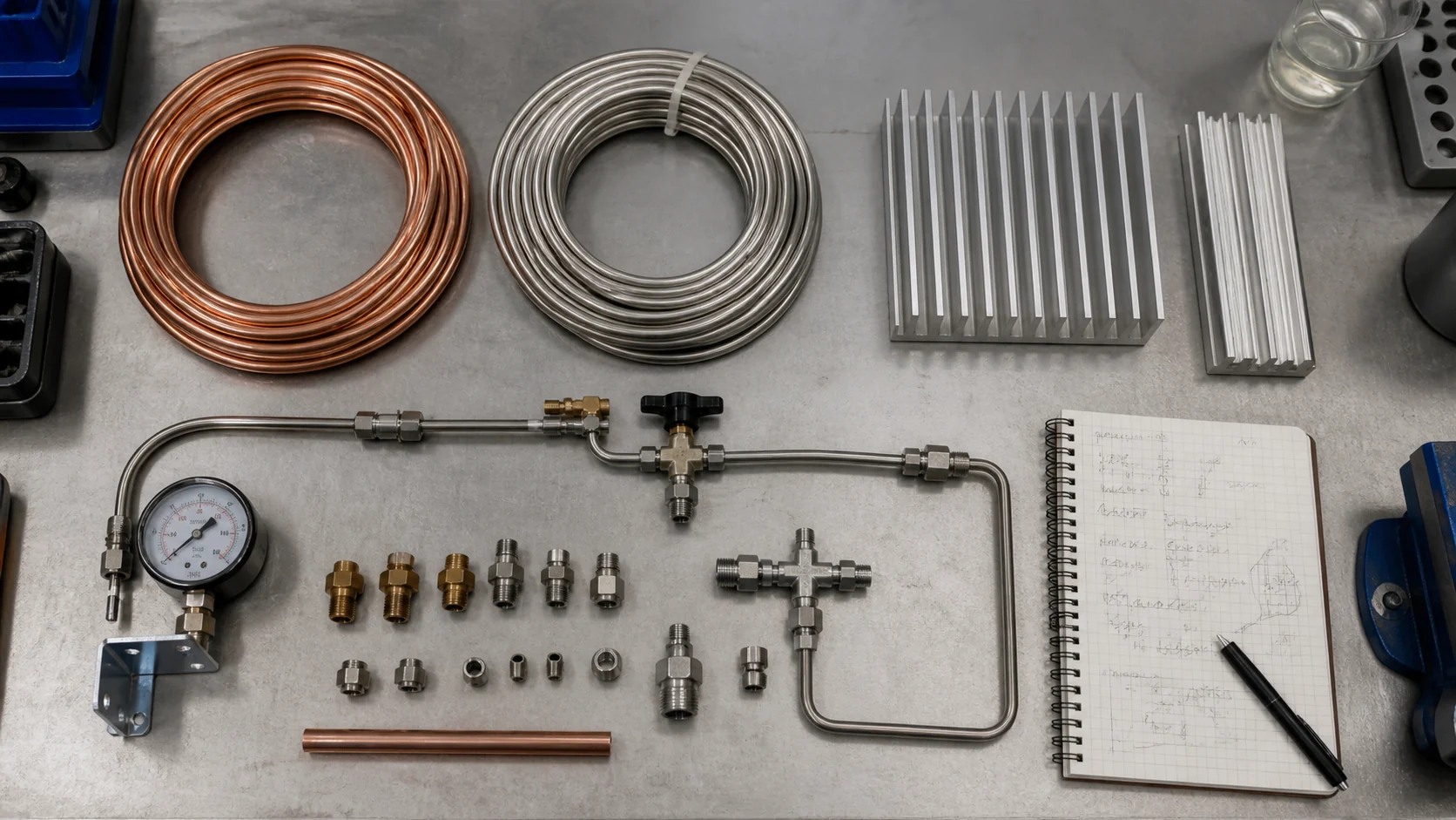 Copper and stainless tube samples beside fluid, pressure, and connection details