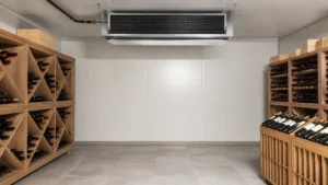 Ceiling-mounted gravity coil in a quiet refrigerated room with open space for natural convection