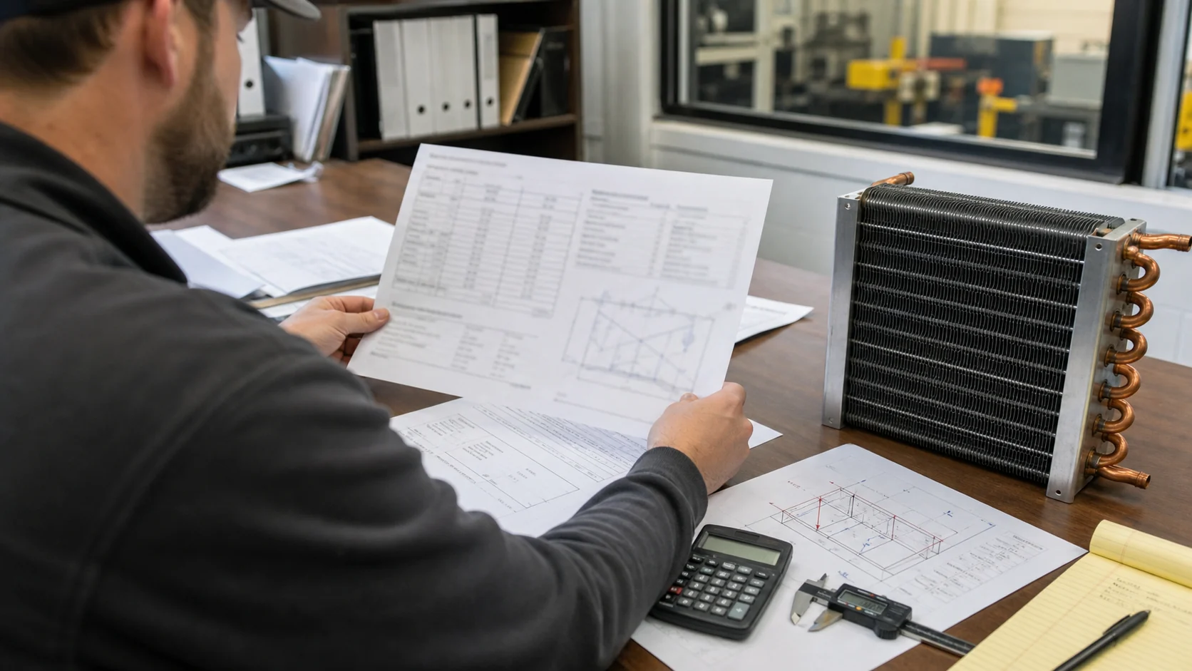 Engineer reviewing a gravity-coil load sheet with room heat gains and operating cases