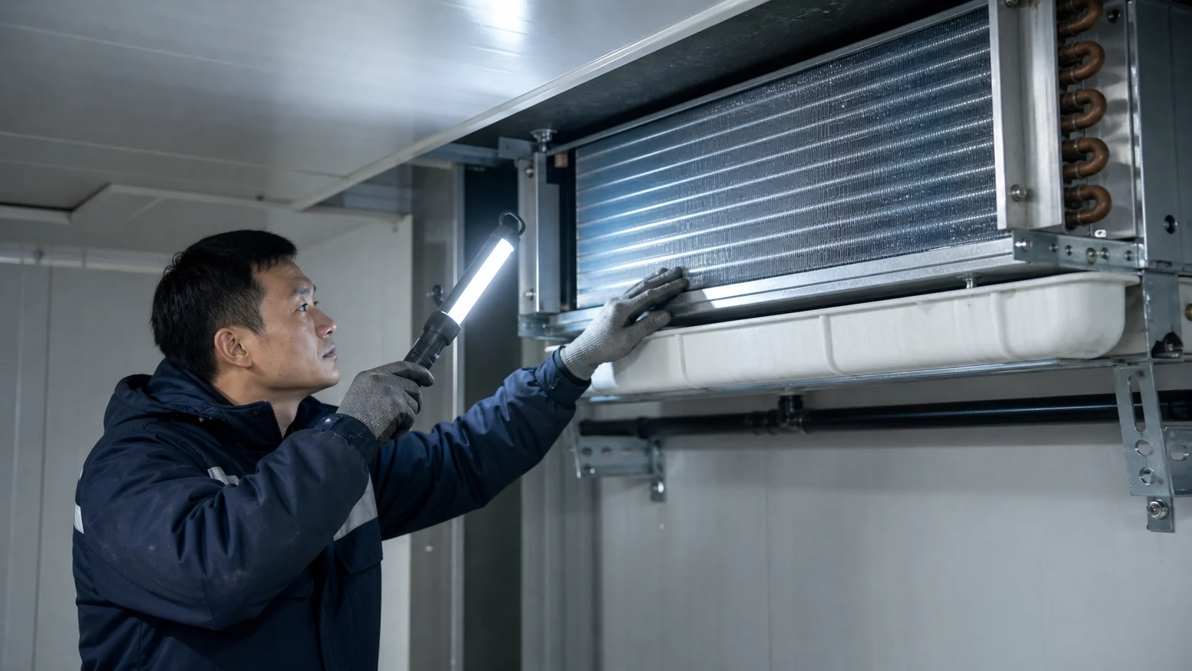 Technician inspecting gravity-coil fins, drain tray, brackets, and frost pattern