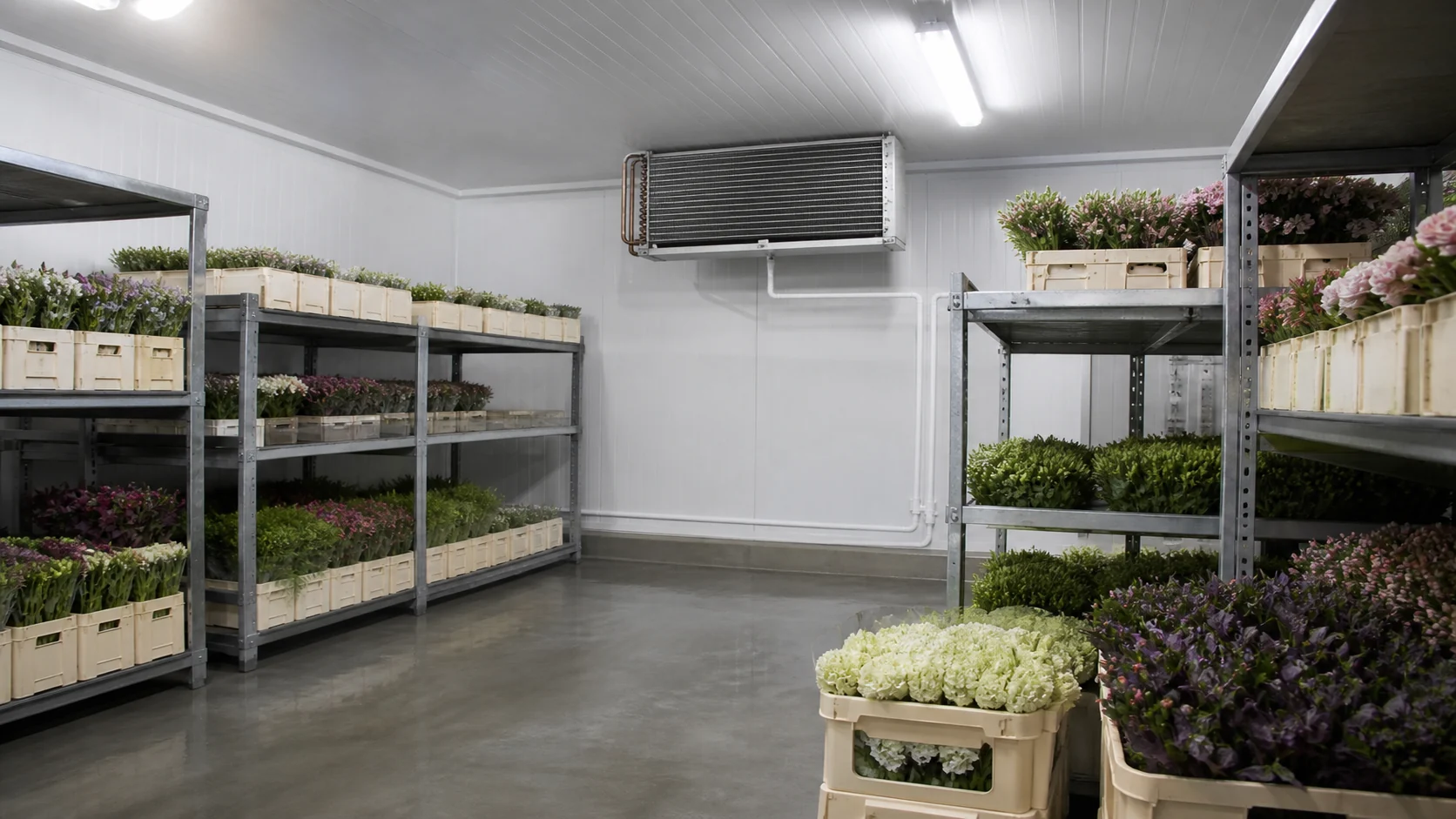 Quiet cold-room application with a gravity coil mounted above product and clear circulation space
