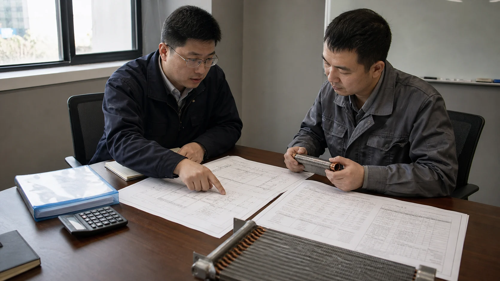 Procurement team comparing a gravity-coil RFQ, room drawing, fluid data, and sample connection