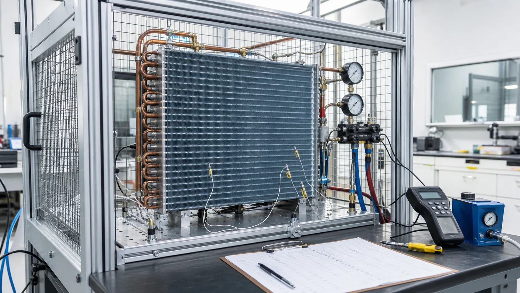 Test bench with a gravity coil, pressure gauges, leak-check equipment, and a rating worksheet
