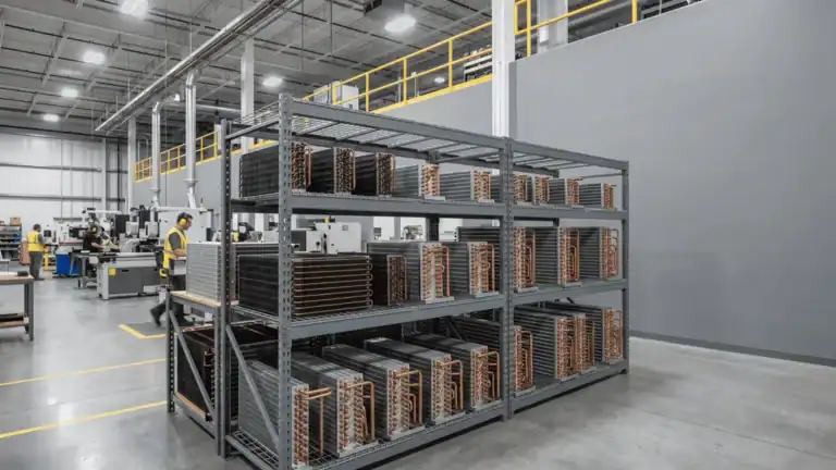Metal storage racks with copper pipes in a refrigeration manufacturing facility.