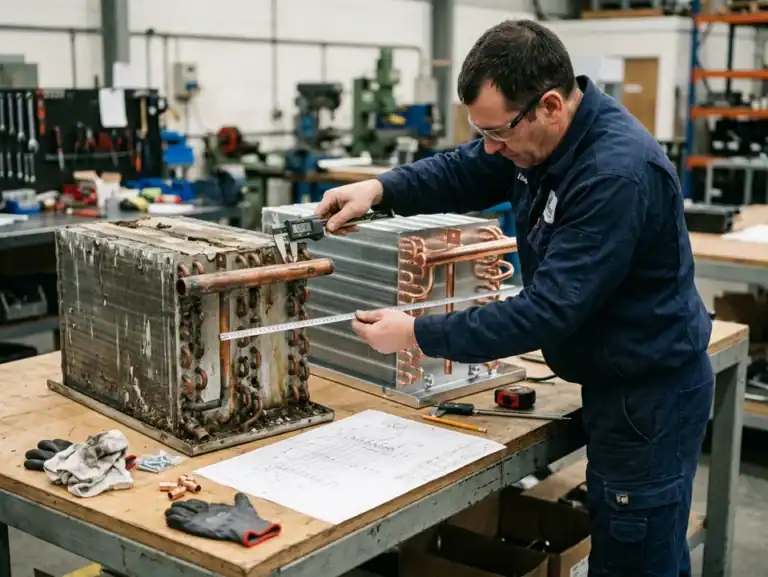 Technician repairing refrigeration unit in workshop at Domi Refrigeration.