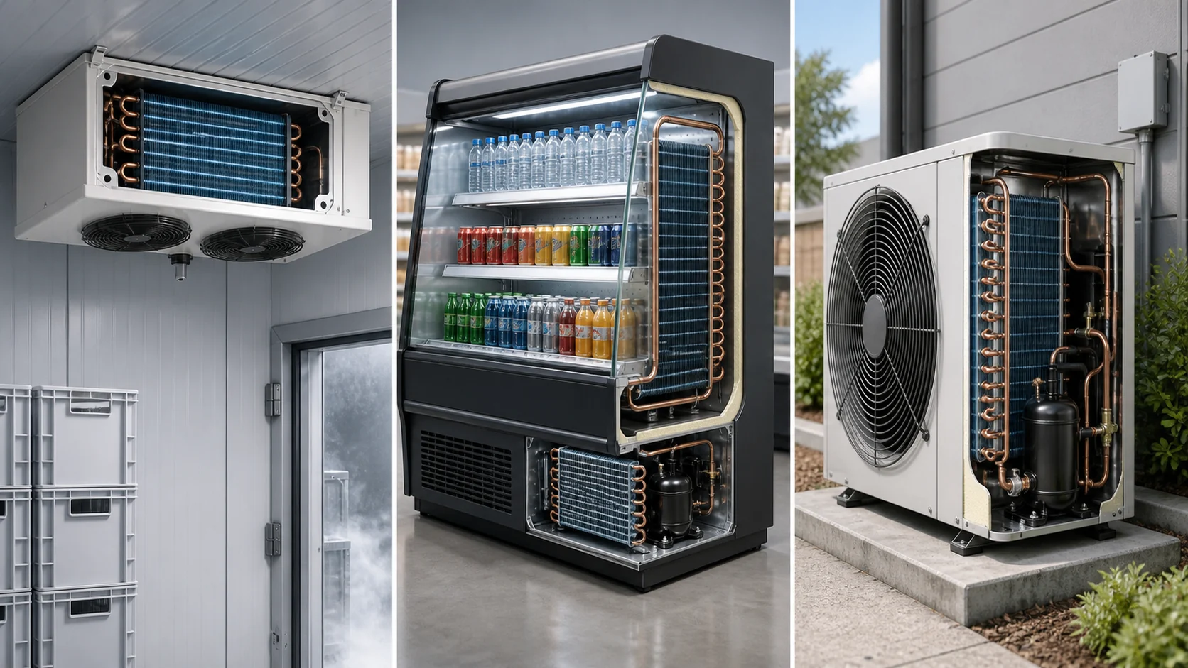 Cold-room evaporator, beverage case, and outdoor condensing unit with coils highlighted
