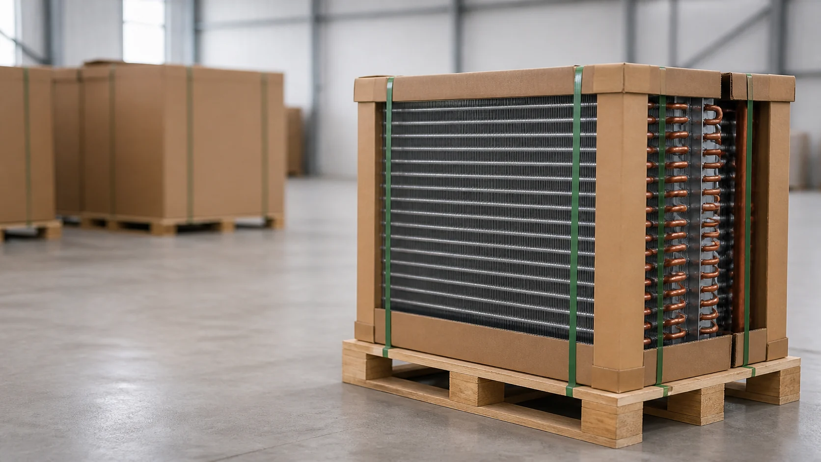 Finished custom refrigeration coils protected on a pallet with export packaging