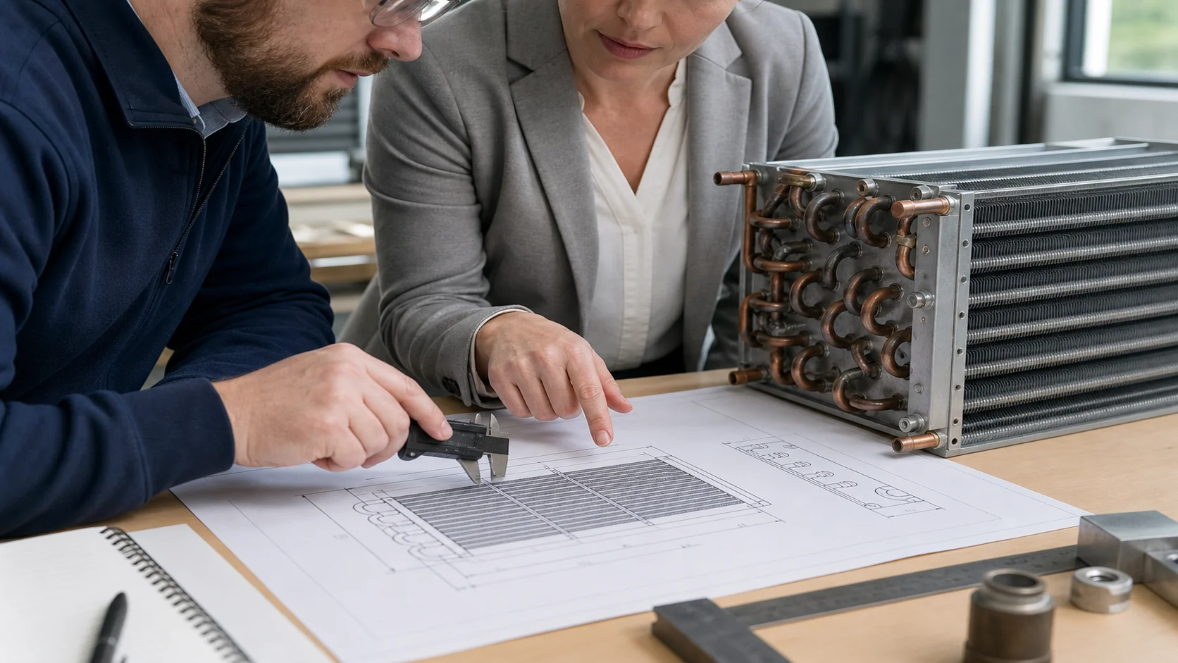 Engineer measuring coil frame and connection locations during first-article inspection
