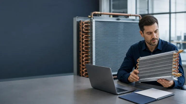 Procurement engineer reviewing a refrigeration coil and specification folder