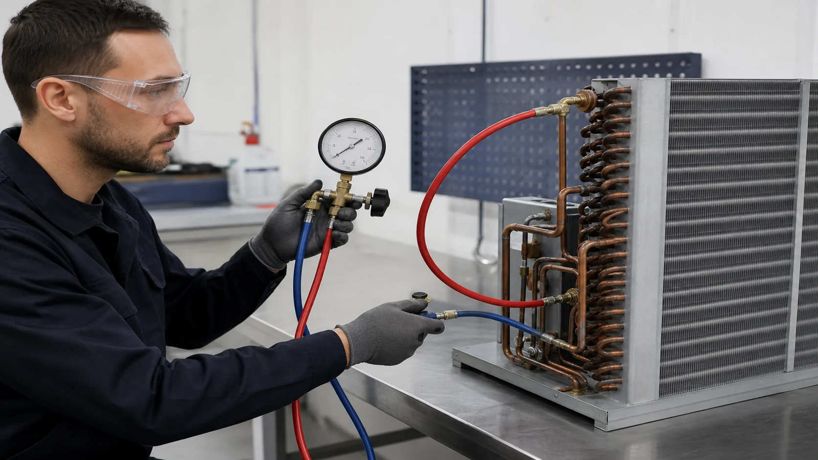 Refrigeration coil connected to nitrogen pressure and calibrated leak-test gauges
