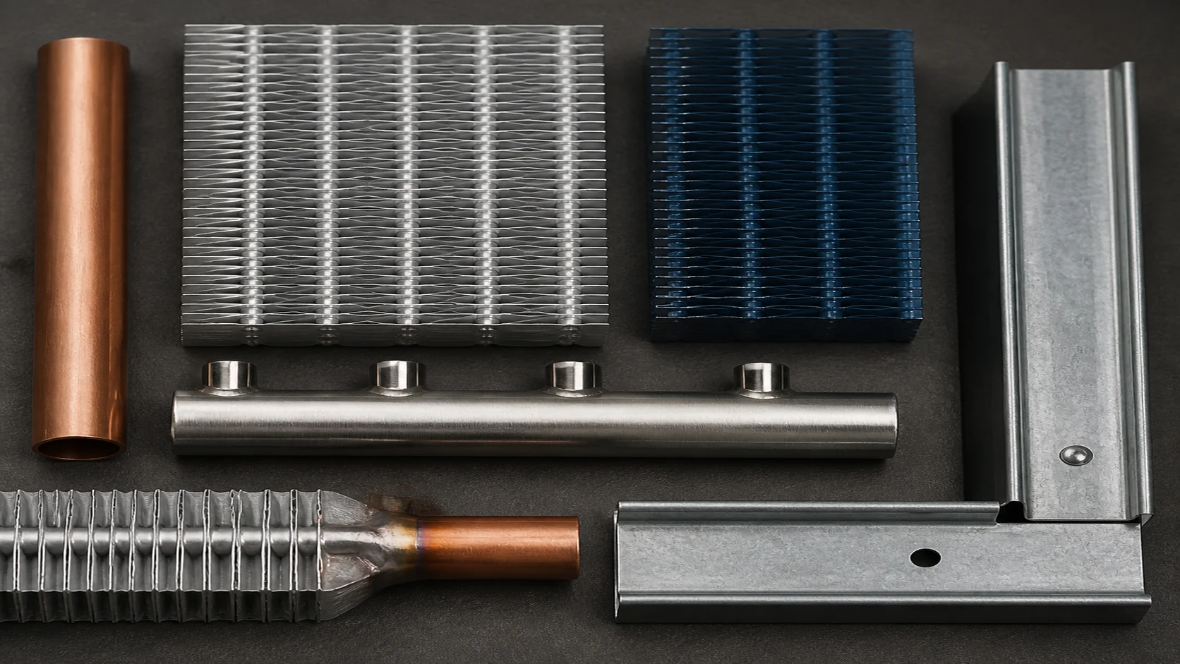 Copper tube, aluminum fin, coated surface, header, braze joint, and frame material samples