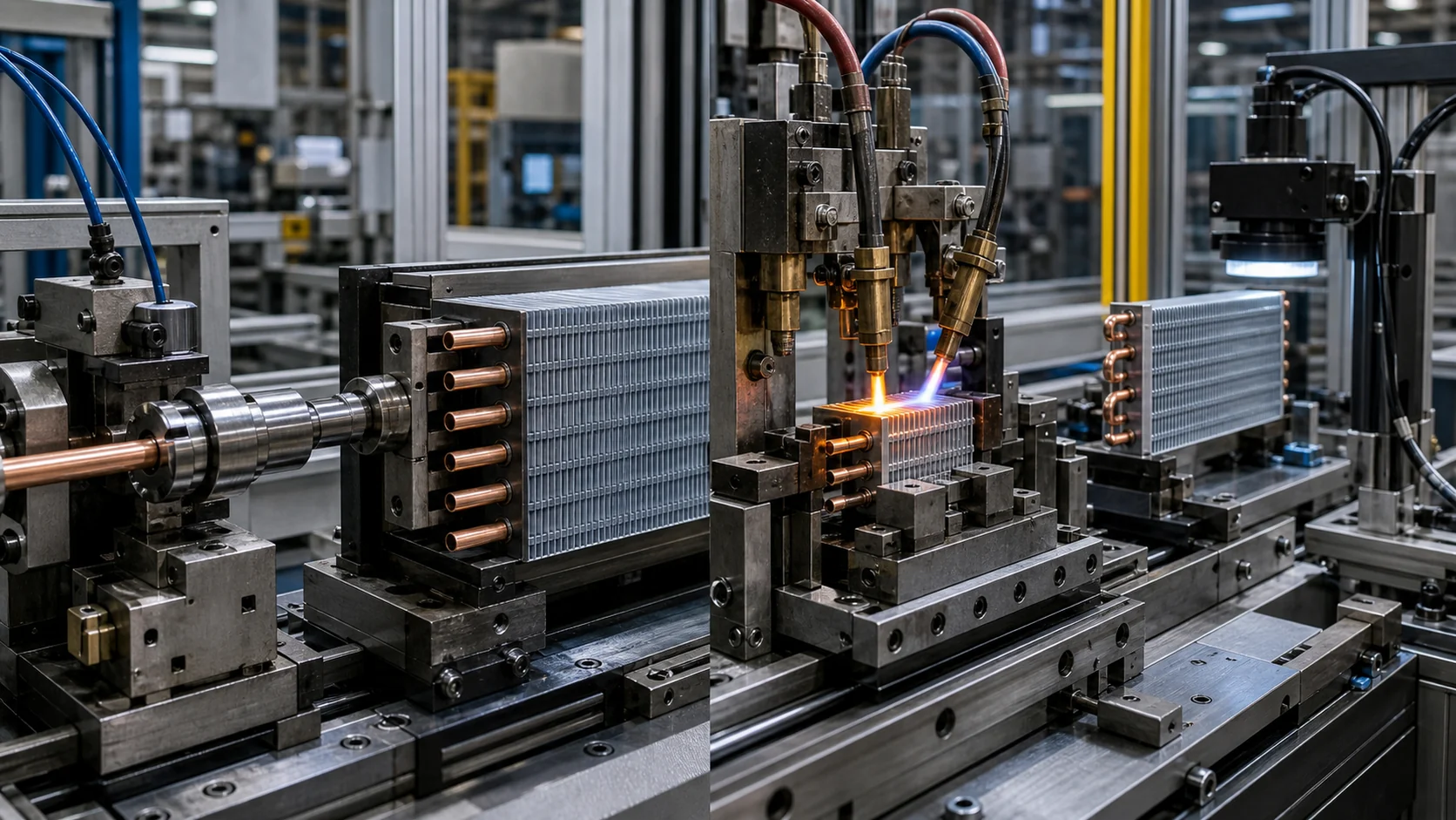 Coil production cell showing tube expansion, fin stacking, brazing fixture, and inspection station