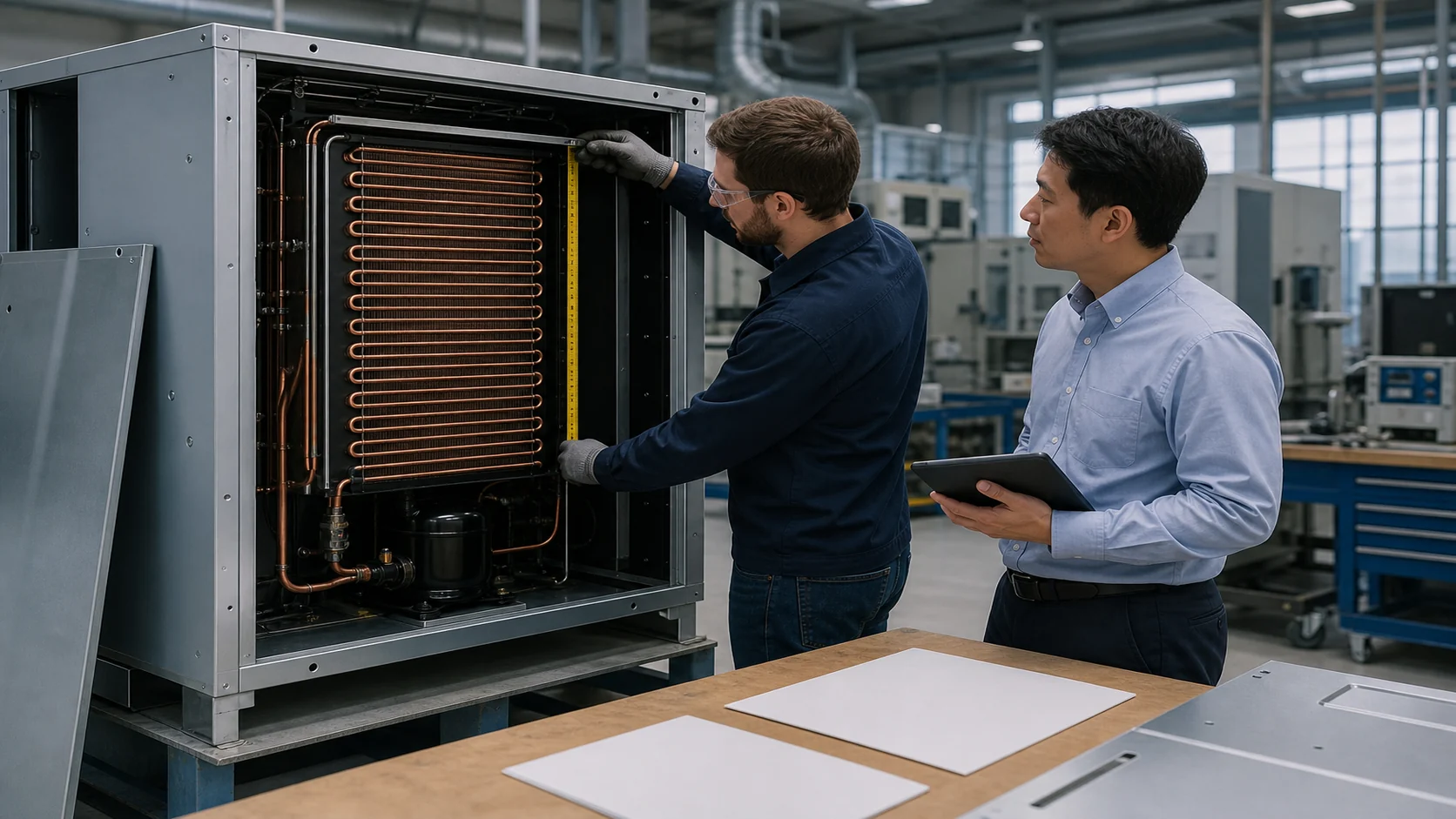 Prototype refrigeration coil mounted in a test cabinet while an engineer checks fit and approval notes