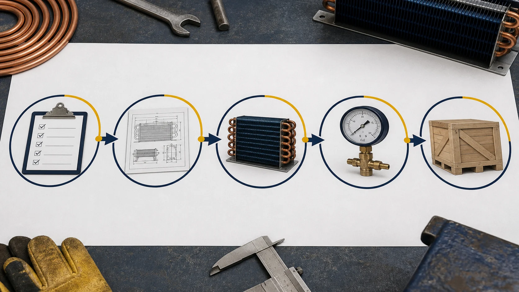 Five-stage refrigeration coil supplier qualification gate with engineering, prototype, quality, and logistics symbols