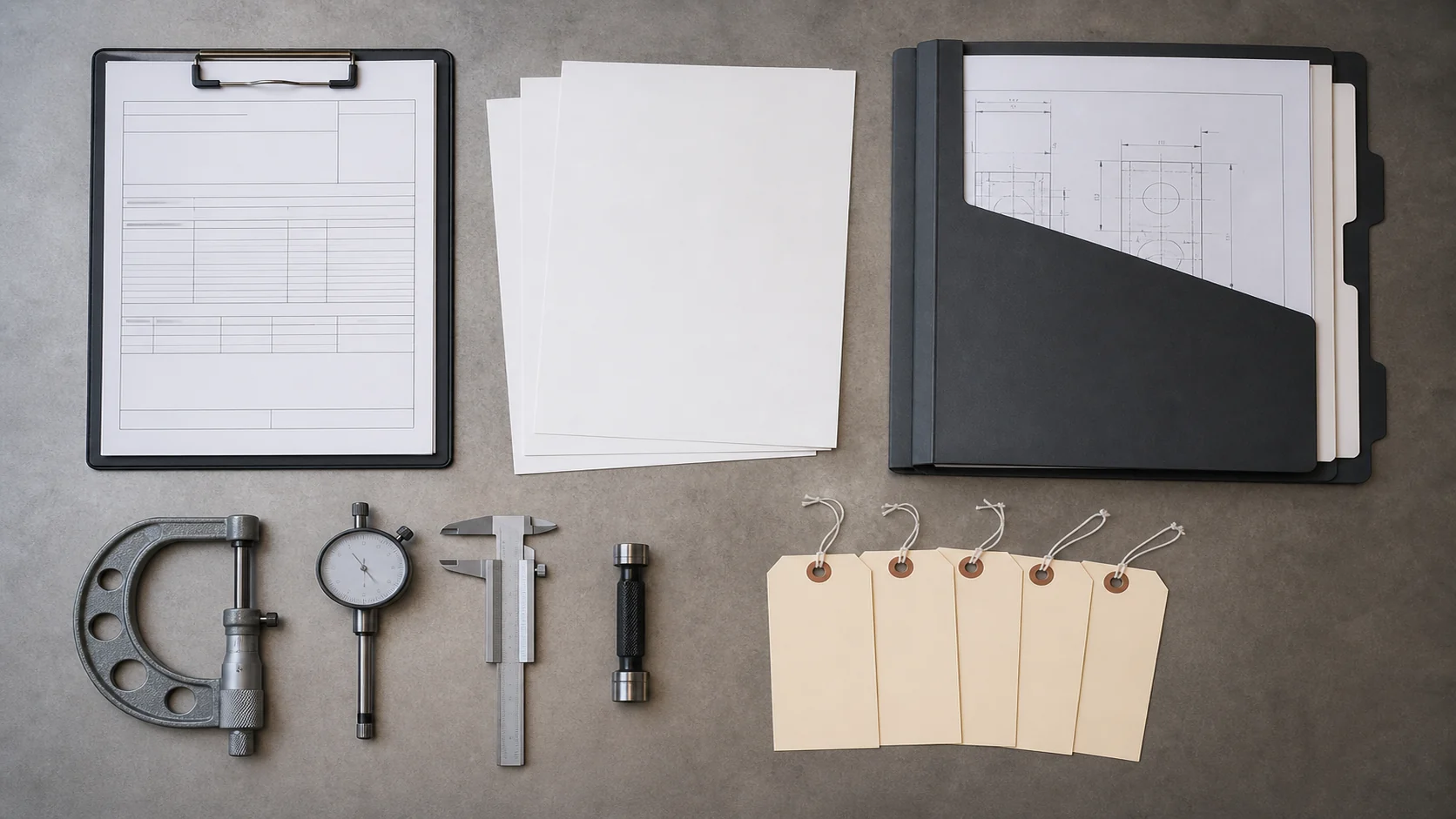 Blank first-article reports, inspection gauges, sample tags, and revision-controlled drawing folder