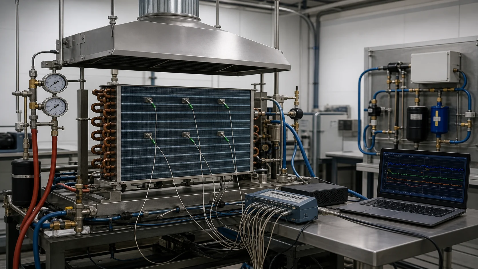 Refrigeration coil thermal and airflow test rig with probes, airflow hood, and data logger