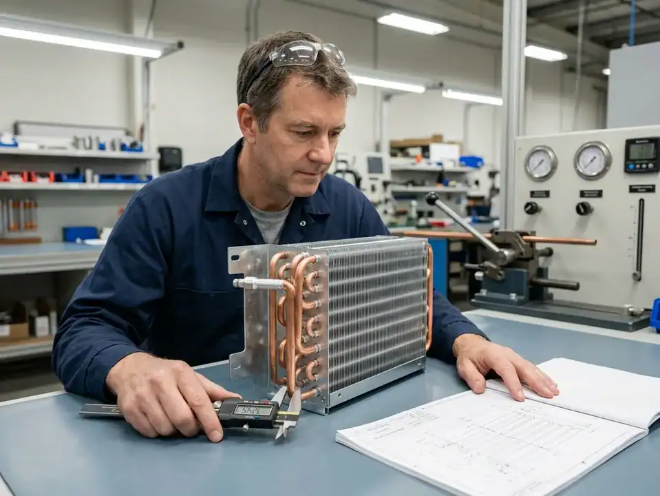 HVAC coil sizing: engineer reviewing heat-transfer calculations and a custom coil drawing