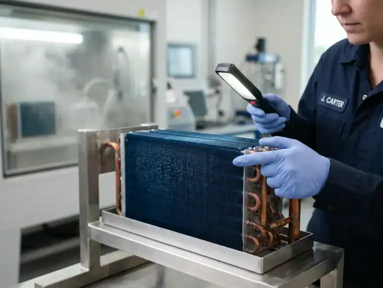 Refrigeration technician using a smartphone to inspect cooling equipment at Domi Refrigeration.