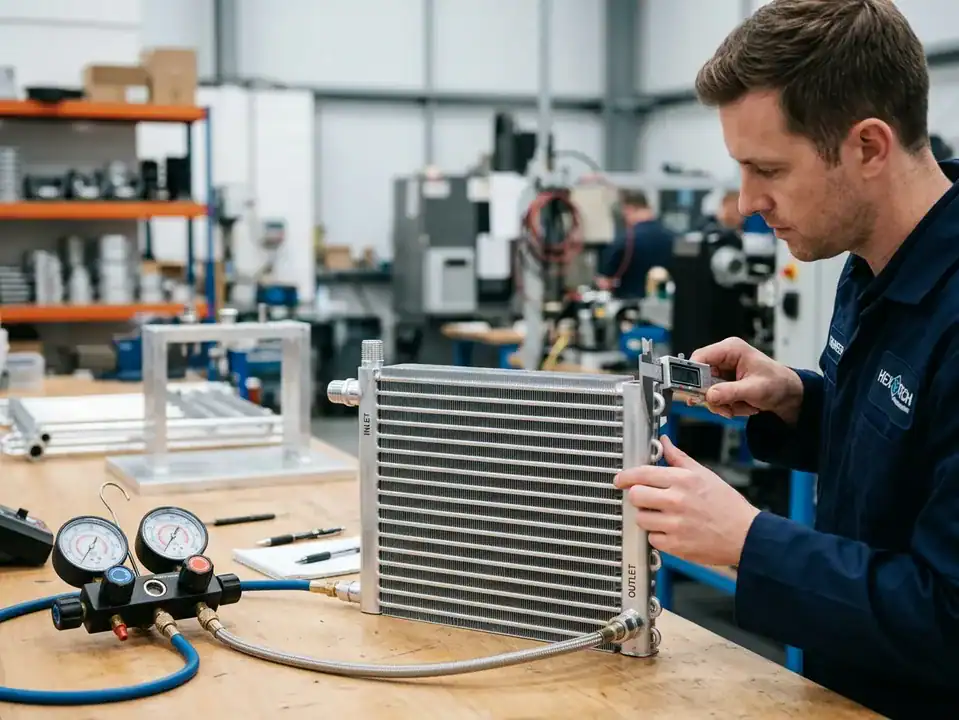 Technician inspecting a refrigeration condenser in a workshop setting.