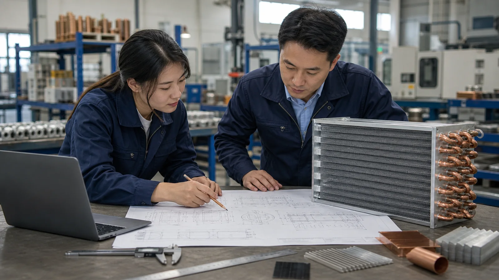 OEM engineering and procurement team reviewing a refrigeration coil drawing before RFQ