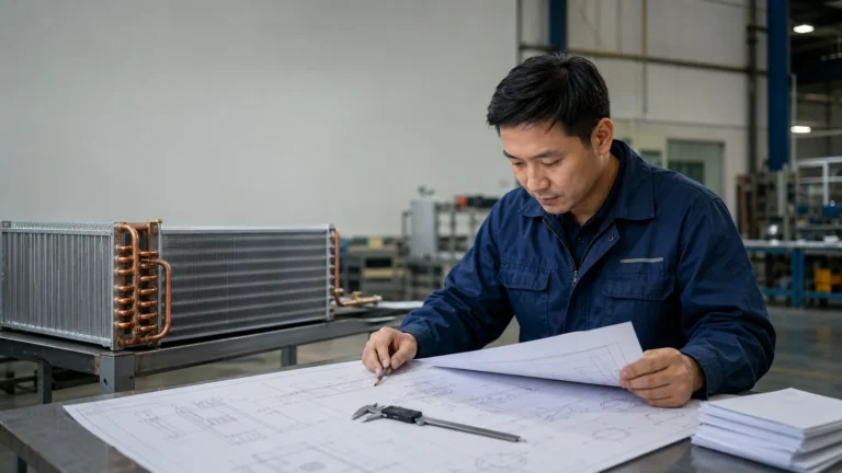 Engineer reviewing HVAC and refrigeration symbols on a coil drawing