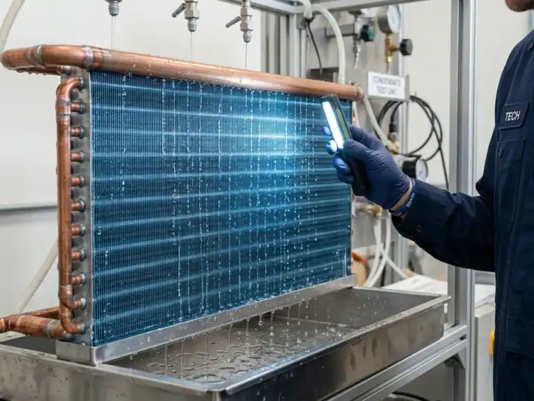 Technician inspecting a commercial refrigeration condenser coil with a flashlight.