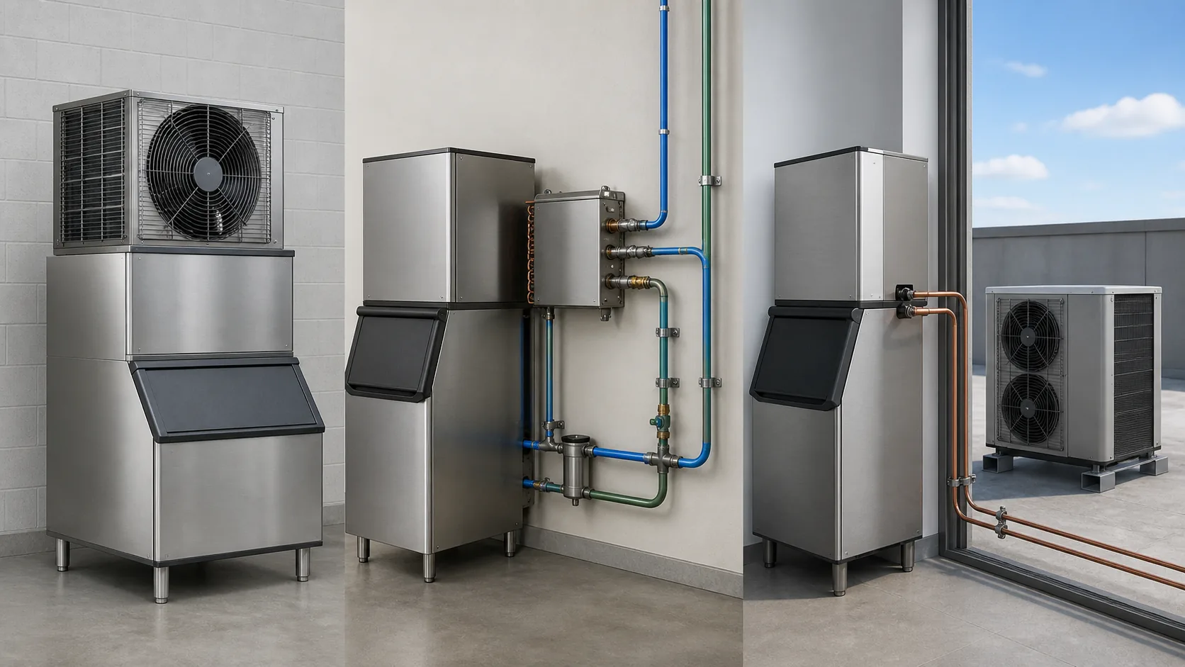 Self-contained air-cooled, water-cooled and remote ice machine condenser arrangements