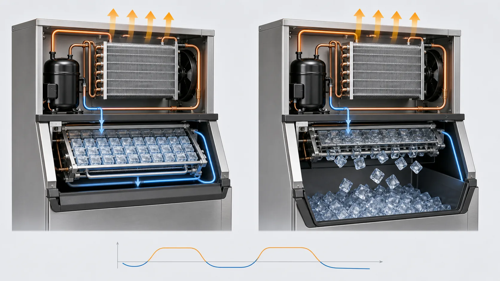 Ice machine freeze and harvest states connected to compressor input and condenser heat rejection