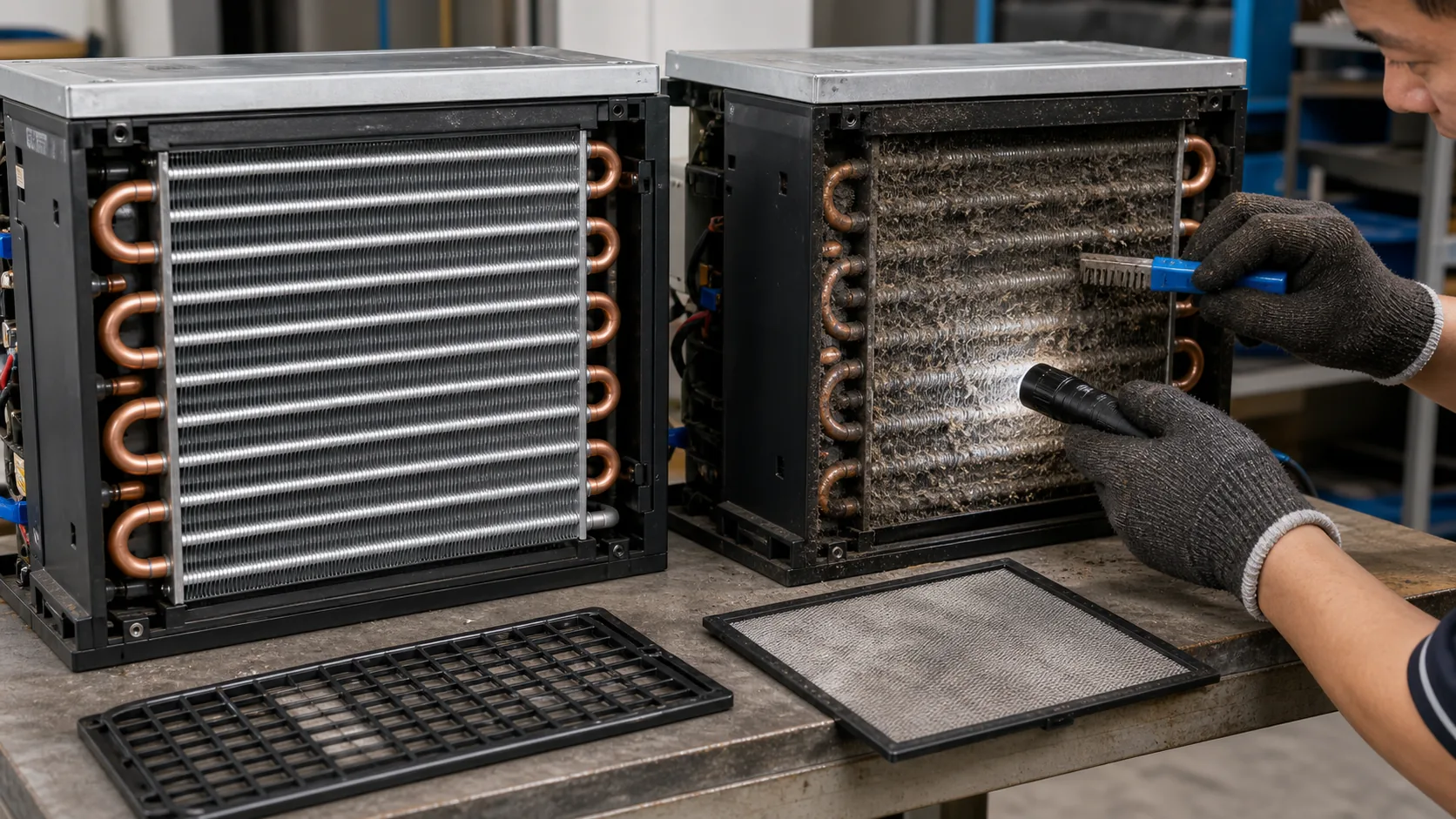 Clean and grease-loaded ice machine condenser coils compared with removable filter and service access