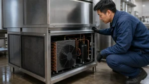 Commercial cube ice machine with the condenser compartment open for coil and airflow review