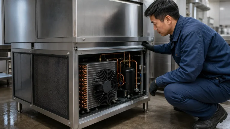 Commercial cube ice machine with the condenser compartment open for coil and airflow review