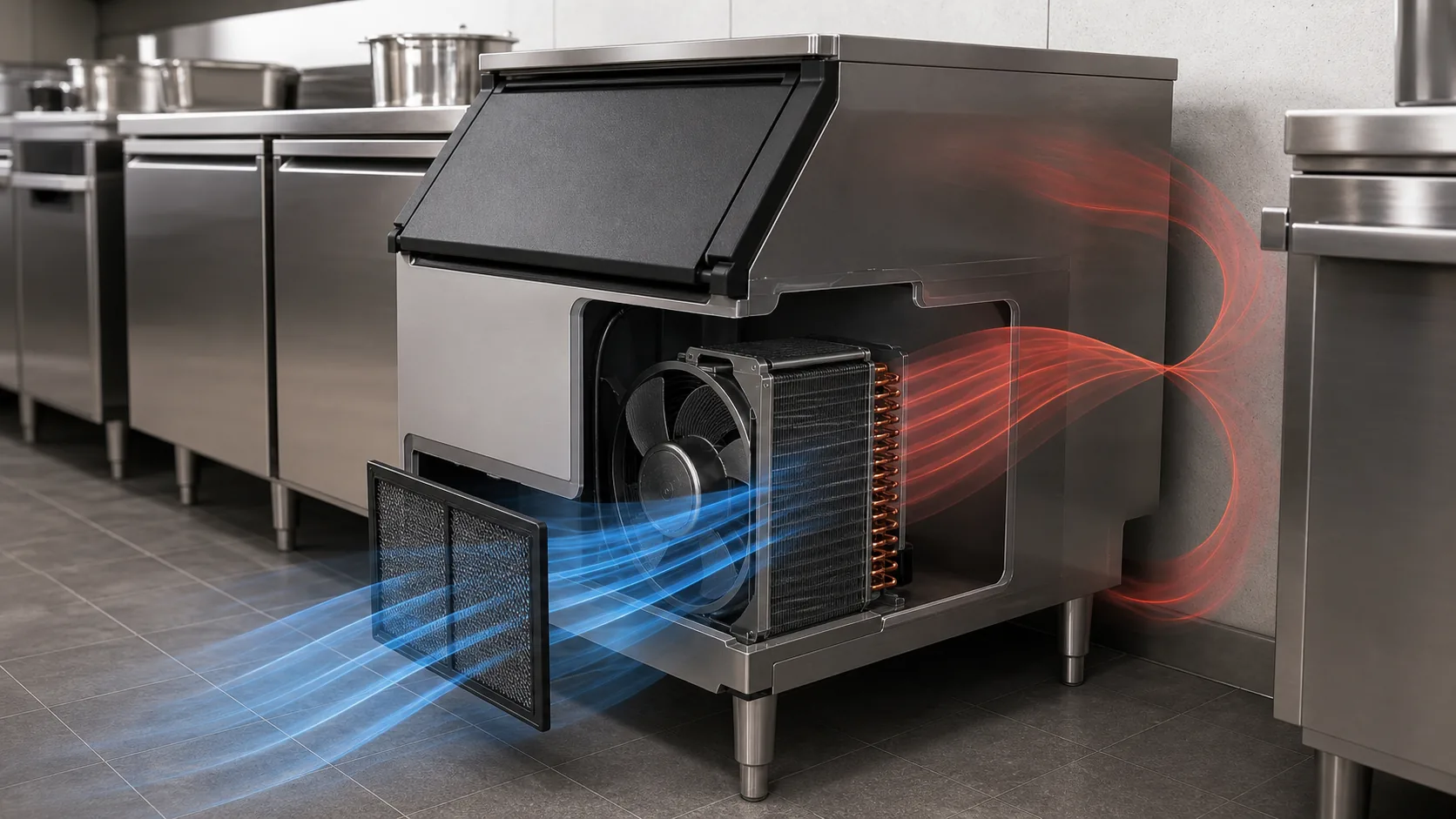 Undercounter ice machine condenser intake, exhaust and warm-air recirculation in a commercial kitchen