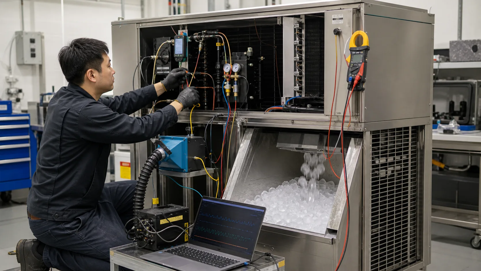 Technician measuring ice machine condenser temperatures, pressure, airflow, power and cycle timing during prototype tests